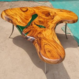 Green Epoxy Live-edge & Steel Bone Coffee Table