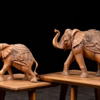 Hand Carved Wood Elephant Sculpture Set Of 2 Pair