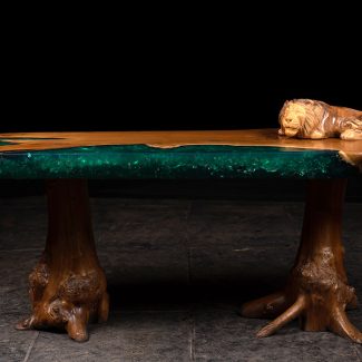 Lion Carved Teak Root Table With Green Epoxy